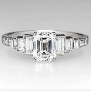 14k White Gold Diamond Ring Band Emerald Cut Ring Band